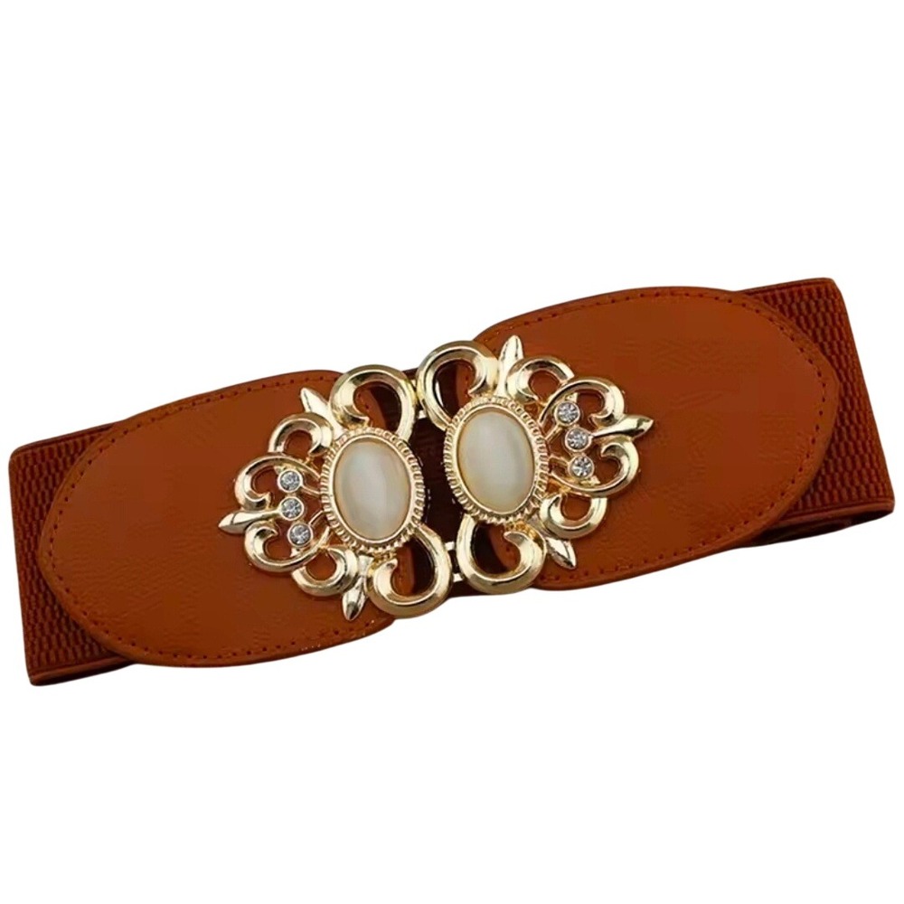 Womens Elastic‎ Belt Gold Ornate Buckle Faux Leather Brown Fashion Accessory